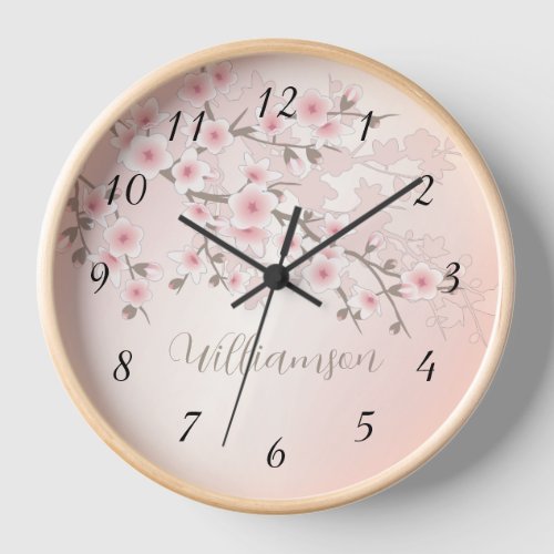 Apricot Cherry Blossom Monogram Clock