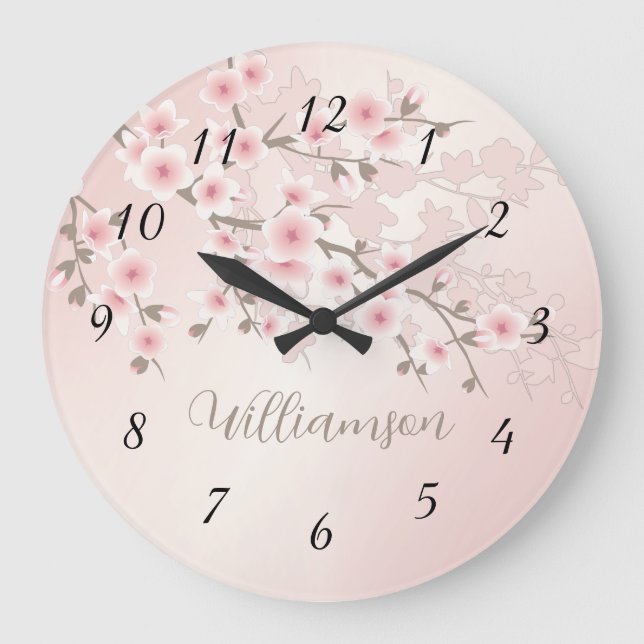 Apricot Cherry Blossom Monogram Large Clock (Front)