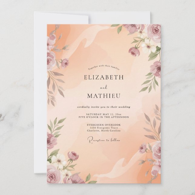 Apricot Dusty Mauve Petal Wedding Invitation (Front)