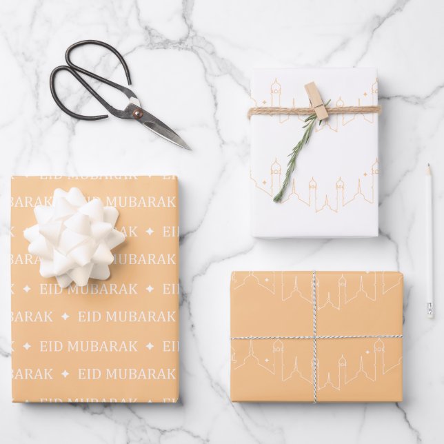 Apricot Eid Mubarak Masjid Pattern Design Wrapping Paper Sheets (Front)