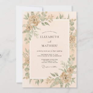 Apricot Eucalyptus Leaf Wedding Invitation