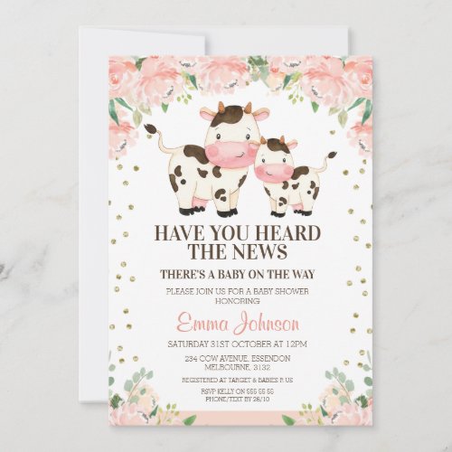 Apricot Floral Heard News Cow Baby Shower Invitation