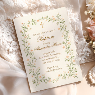 Apricot Floral Vine Baptism Cross Invitation