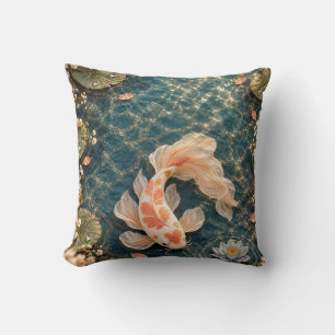 Apricot Flowing Koi Teal Water Lily Pond Throw Pillow