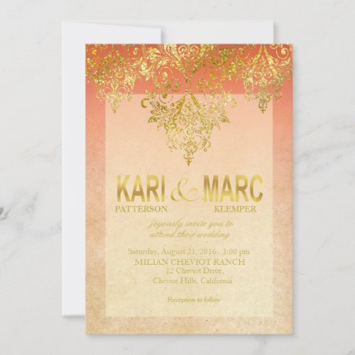 Apricot  Gold Gatsby Glitter Flourish Wedding Invitation