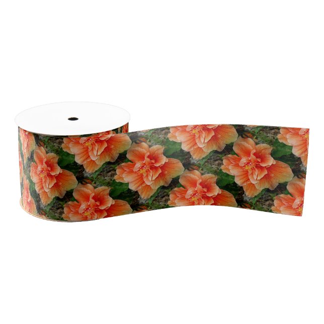 Apricot Hibiscus Tropical Flower Grosgrain Ribbon (Spool)