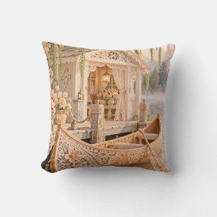 Apricot Lace Canoe Lakeside Cottage Throw Pillow