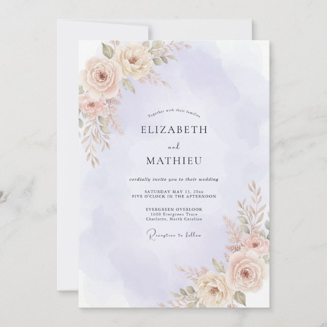 Apricot Lilac Peony Wedding Invitation (Front)