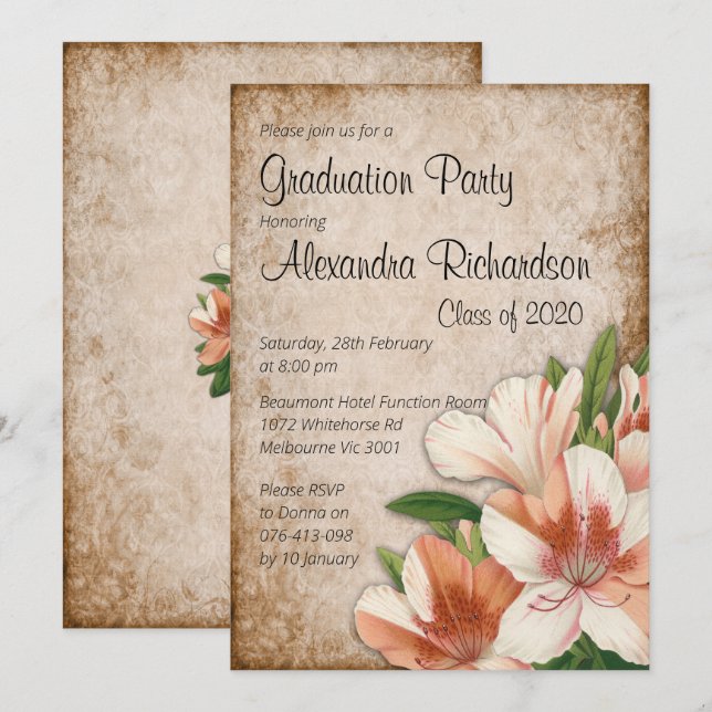 Apricot Lilies Vintage Graduation Invitation (Front/Back)