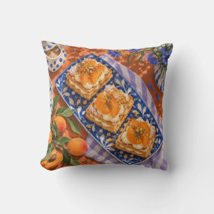 Apricot Mille Feuille Blue Floral Plate Tea Time Throw Pillow