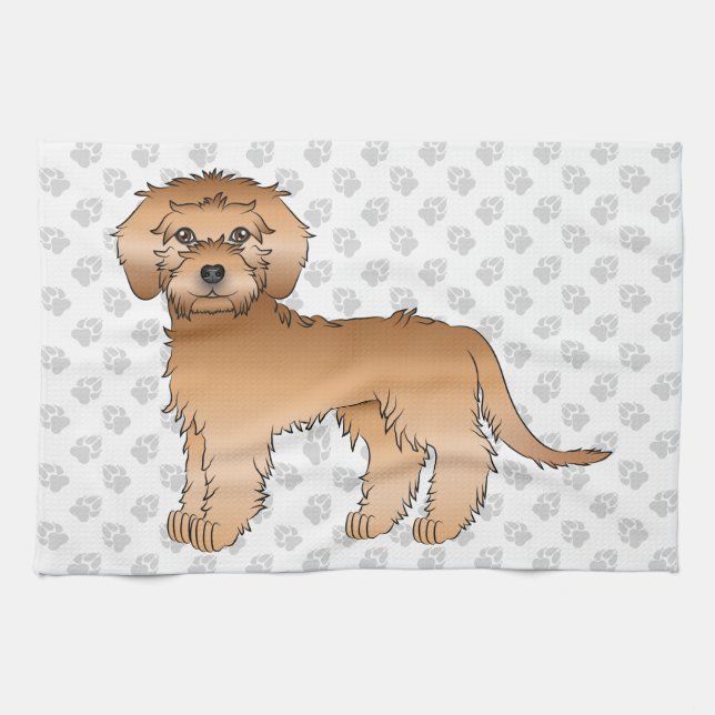 Apricot Mini Goldendoodle Cute Cartoon Dog & Paws Kitchen Towel (Horizontal)