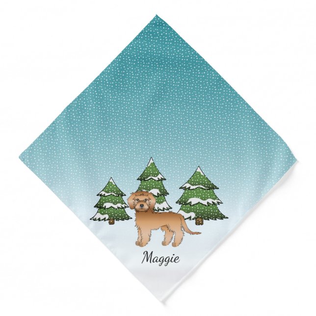 Apricot Mini Goldendoodle Dog In A Winter Forest Bandana (Front)