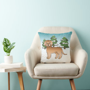 Apricot Mini Goldendoodle Dog In A Winter Forest Throw Pillow