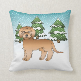 Apricot Mini Goldendoodle Dog In A Winter Forest Throw Pillow