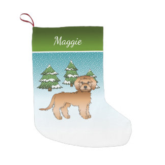 Apricot Mini Goldendoodle - Winter Forest &amp; Name Small Christmas Stocking
