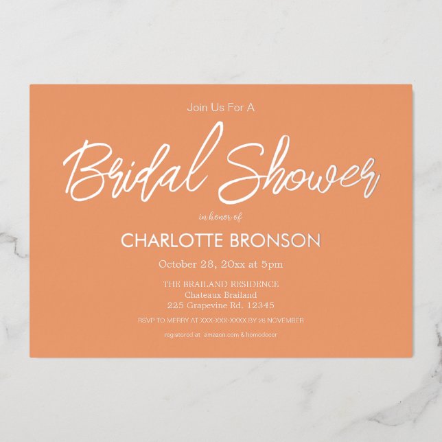 Apricot Minimalist Script Bridal Shower Rose Gold  Foil Invitation (Front)