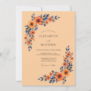 Apricot Navy Blue Distinctive Autumnal Wedding Invitation