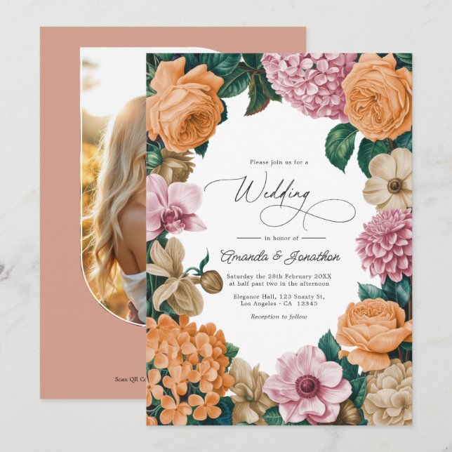 Apricot Nectar, Peony Pink & Warm Sand Wedding Invitation (Front/Back)