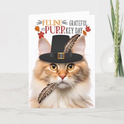 Apricot Norwegian Forest Cat Grateful PURRkey Day Holiday Card