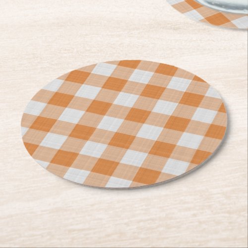 Apricot Orange Country Cottage Gingham Stripes Round Paper Coaster