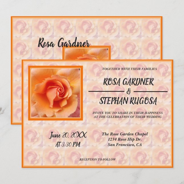 Apricot Peach Hybrid Rose Flower Wedding Invitation (Front/Back)