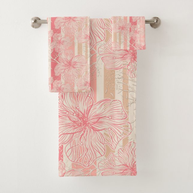 Apricot peach pink floral striped pattern bath towel set (Insitu)