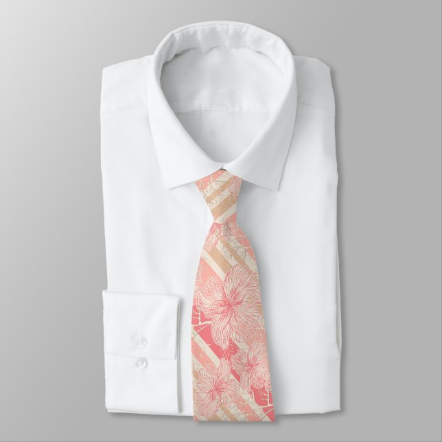 Apricot peach pink floral striped pattern neck tie (Tied)
