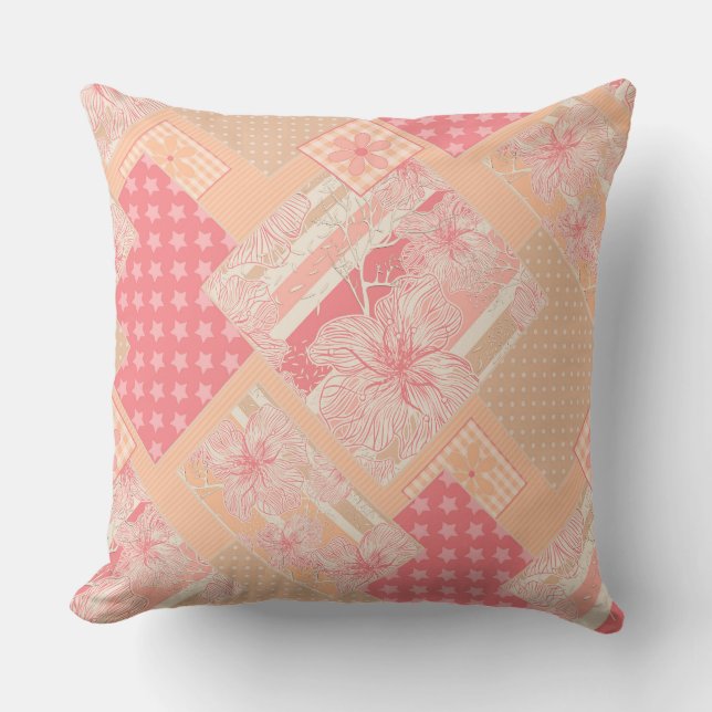 Apricot peach pink patchwork throw pillow (Front)