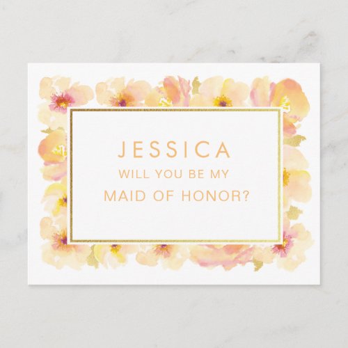 Apricot Peach Watercolor Maid of Honor Request Postcard