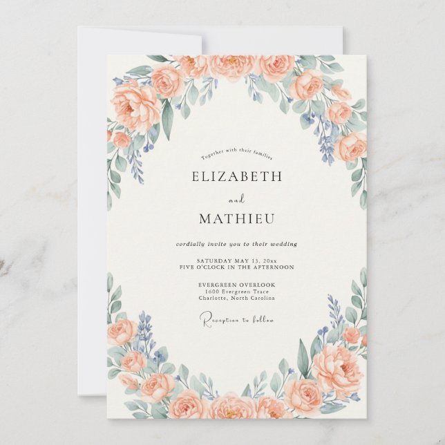 Apricot Periwinkle Wreath Wedding Invitation (Front)
