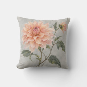 Apricot Pink Dahlia Soft Gray Botanical Watercolor Throw Pillow