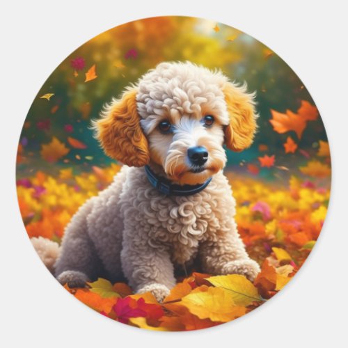 Apricot Poodle Puppy in Fall Leaves Classic Round Sticker
