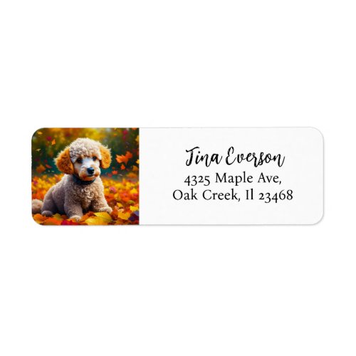 Apricot Poodle Puppy in Fall Leaves Label