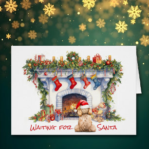 Apricot Poodle Wait on Santa Christmas Fireplace Cards