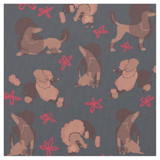 Apricot Poodles on a Charcoal Background Fabric (Close Up)