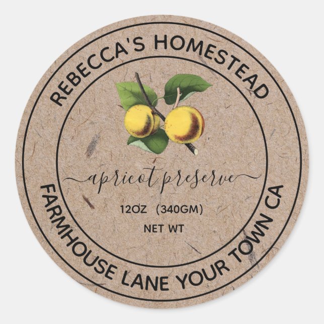 Apricot Preserve Kraft Paper Canning Jar Labels (Front)