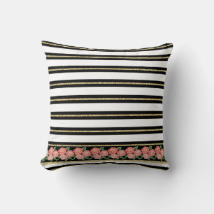 Apricot Roses, Black, White, Gold Stripes Cushion