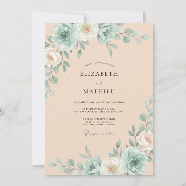 Apricot Seafoam Succulent Eucalyptus Wedding Invitation (Front)
