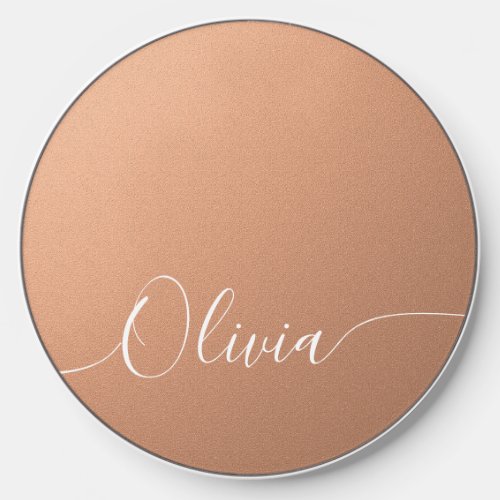 Apricot Shimmer Elegant Calligraphy Script Name Wireless Charger