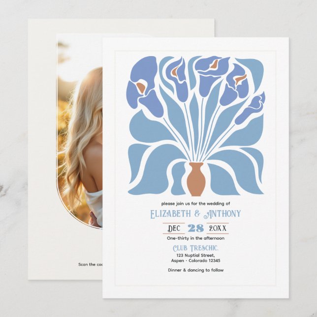 Apricot & Sky Blue Abstract Floral Boho Wedding Invitation (Front/Back)