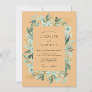 Apricot Teal Foliage Eucalyptus Wedding Invitation