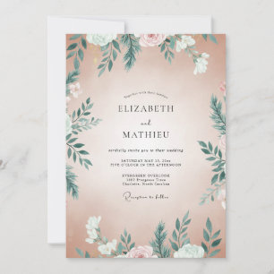 Apricot Teal Leafy Wedding Invitation