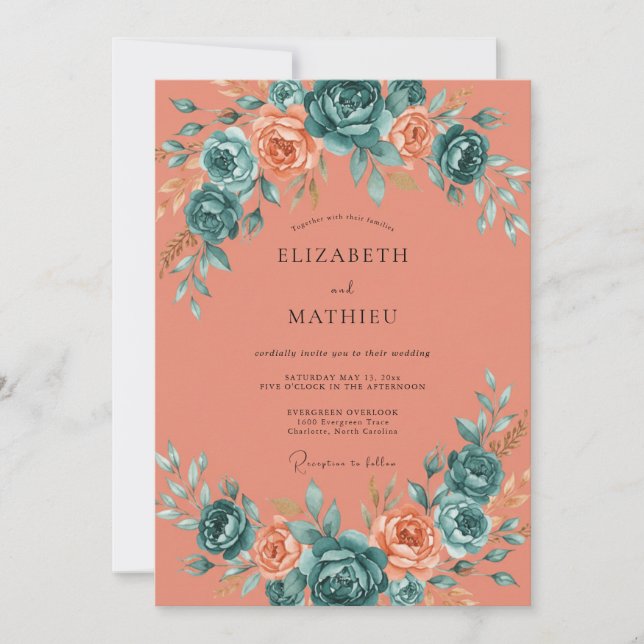Apricot Turquoise Blossom Wedding Invitation (Front)