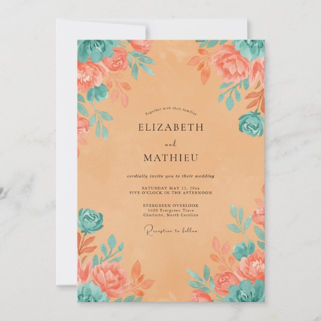Apricot Turquoise Painted Wedding Invitation (Front)