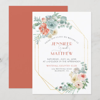 Apricot Wasabi Green Gold Geometric Floral Wedding Invitation