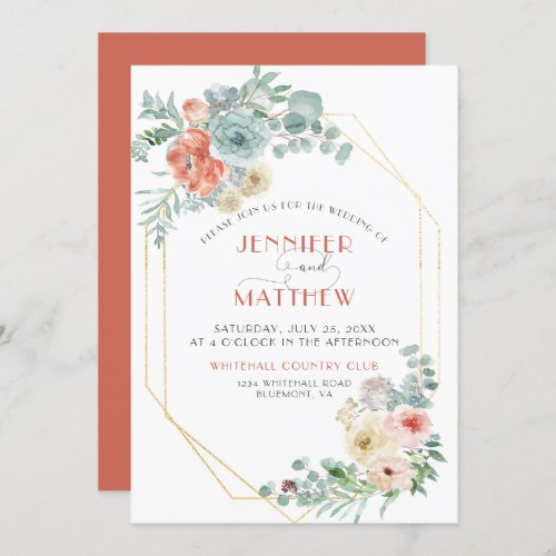 Apricot Wasabi Green Gold Geometric Floral Wedding Invitation