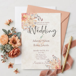Apricot watercolor floral wedding invitation