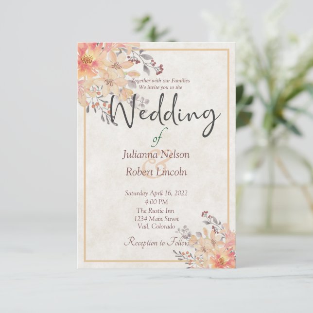 Apricot watercolor floral wedding invitation (Standing Front)