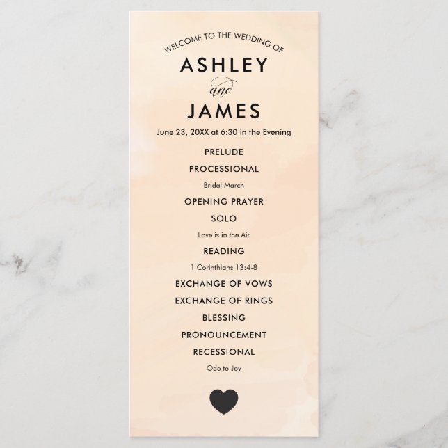 Apricot Watercolor Wedding Program for Ceremony (Front)