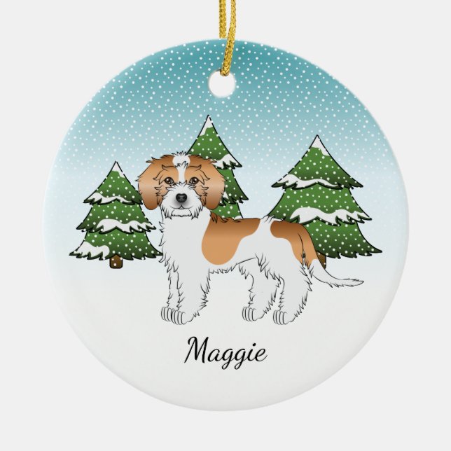 Apricot & White Mini Goldendoodle Winter Forest Ceramic Ornament (Front)